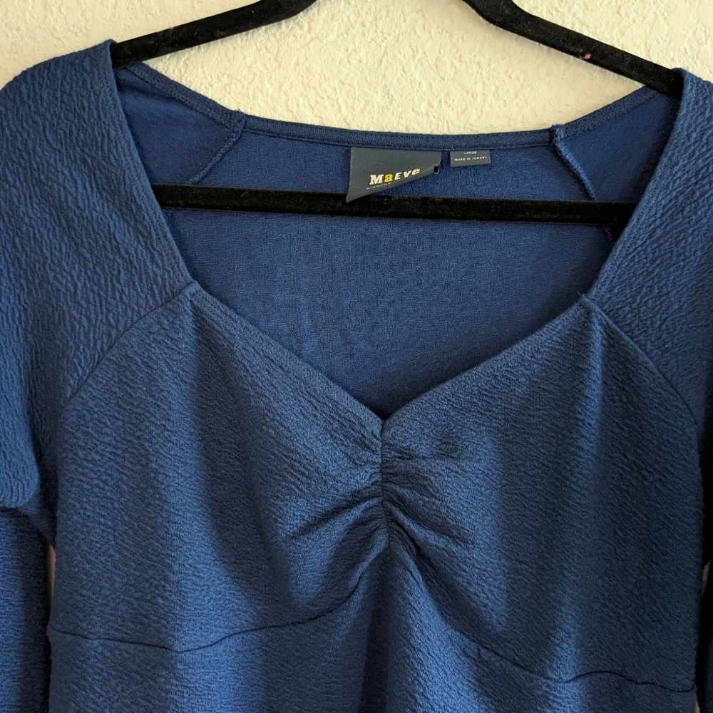 Anthropologie Maeve Textured Stretch Knit Top L Blue Sweetheart Neck LS Excellen - Picture 3 of 7